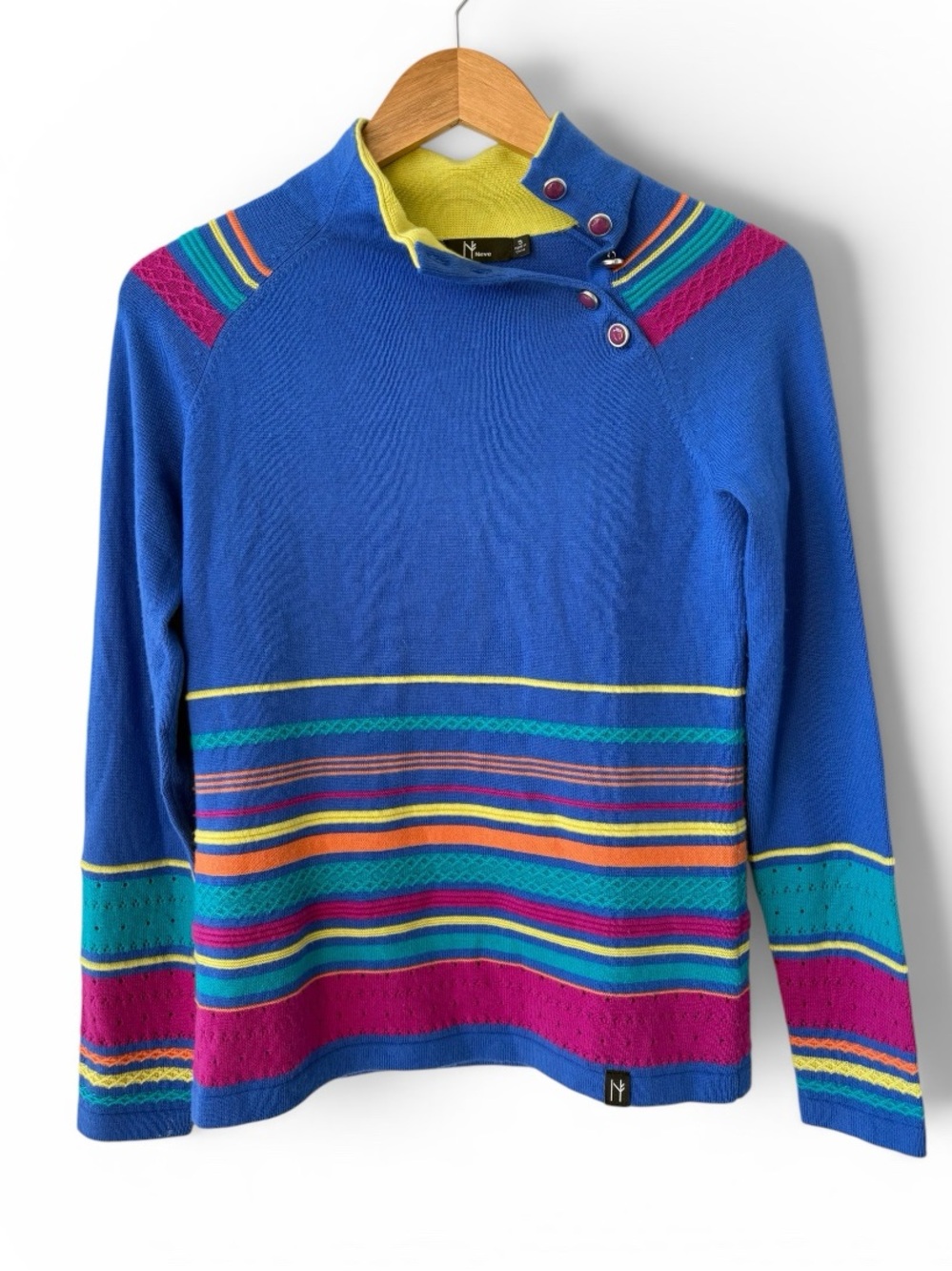 Neve Merino Wool Alpine Ski Sweater Women’s Small Blue Colorful Nordic Mock Neck